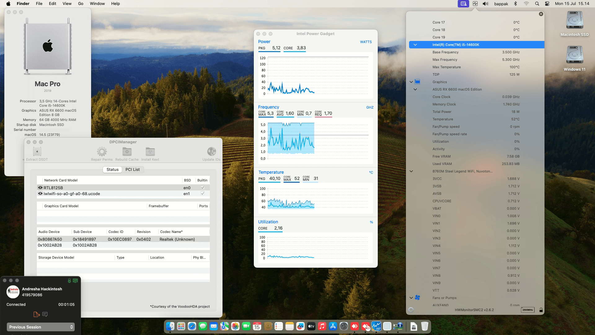 Success Hackintosh macOS Sonoma 14.5 Build 23F79 in Asrock B760M Steel Legend Wifi + Intel Core i5 14600K + Asus RX 6600